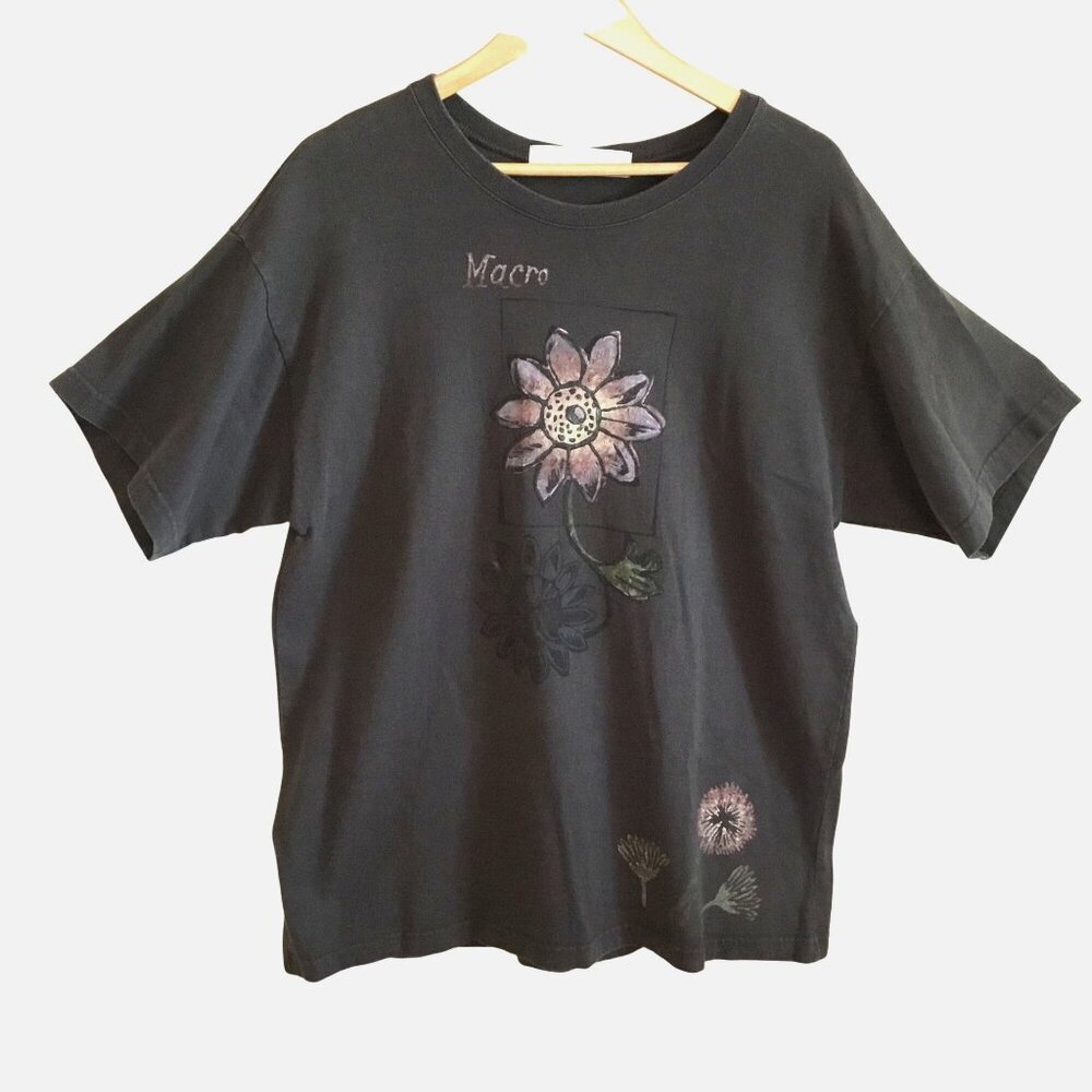 BLUE FISH 1998 Macro Flower Tee Gray Organic Cotton Shirt Women Lagenlook M USA